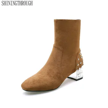 

2020 Concise Women Ankle Boots Scrub Zipper Square High Heel Square Toe Elegant Women Motorcycle Boots Large Size 34-43