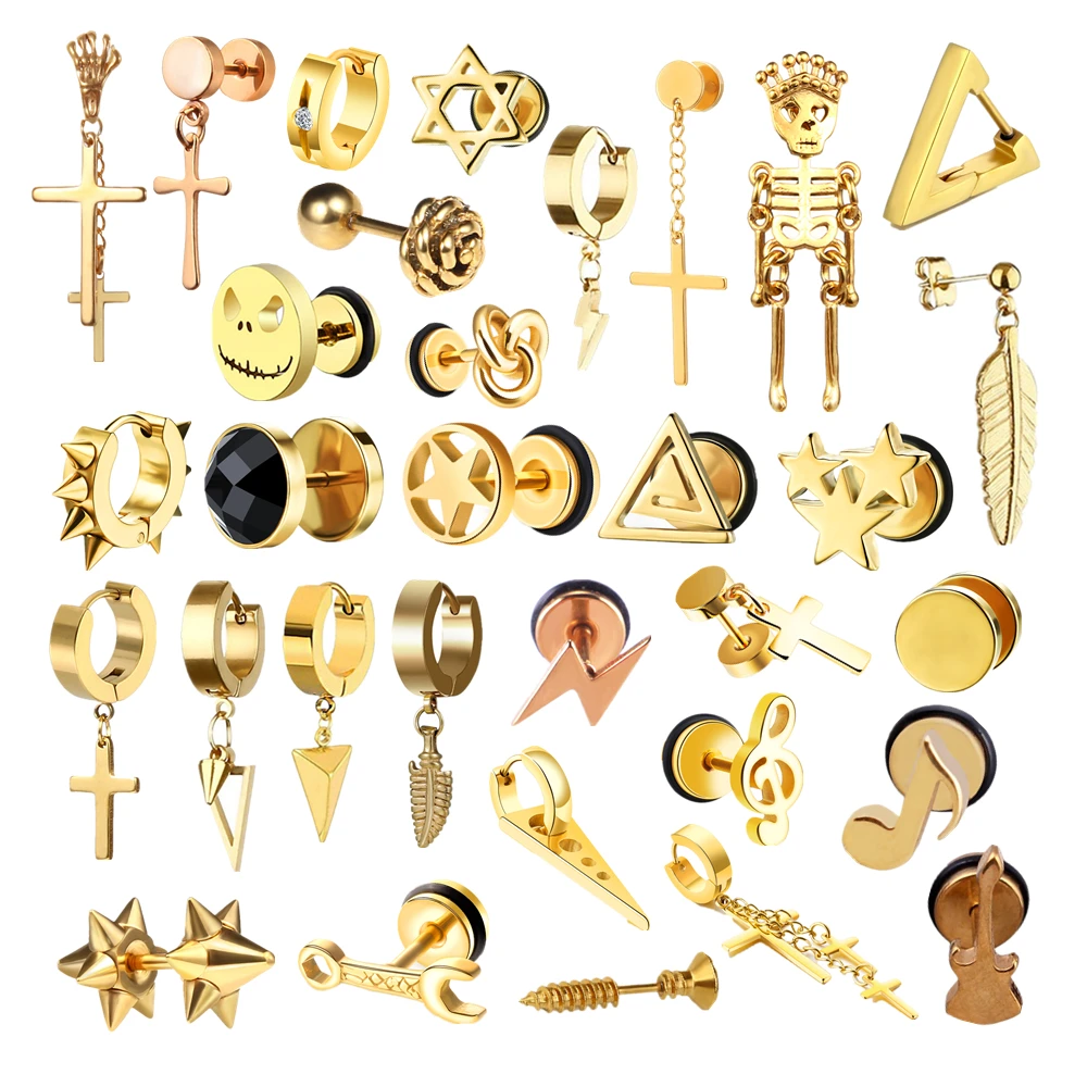 Lot De 15 Paires De Boucles D'oreilles Punk Acier Inoxydable 316L - Noir Gothique
