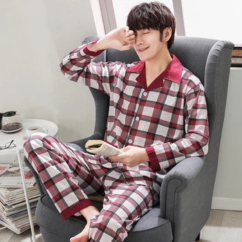 

Autumn ModaL Men's Pure Pajamas Sets Long Sleeve Solid O-Neck Sleepwear Suit Winter Warm Leisure Masculino Nightwear Set