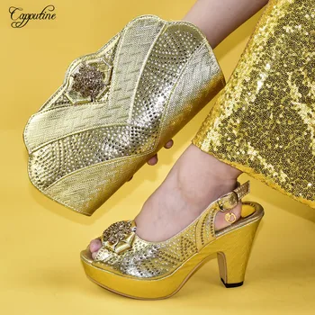 

Excelleng gold pump shoes with evening handbag set fashion lady shoes and bag 9310-6 Heel Height 10.5CM