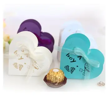 

50pcs It's a Boy Cutting heart Shape Candy Box birthday Favors Gifts Box For Party Decor baby shower Supplies Ribbon Favors Bag