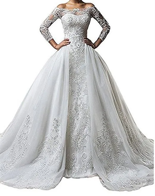 Vintage Boothals Kant Lange Mouwen Trouwjurken Met Afneembare Rok Plus Size Illusion 2019 Vestido De Noiva Bruidsjurk Vintage Boothals Kant Lange Mouwen Trouwjurken Met Afneembare Rok Plus Size Illusion 2019 Vestido De Noiva Bruidsjurk