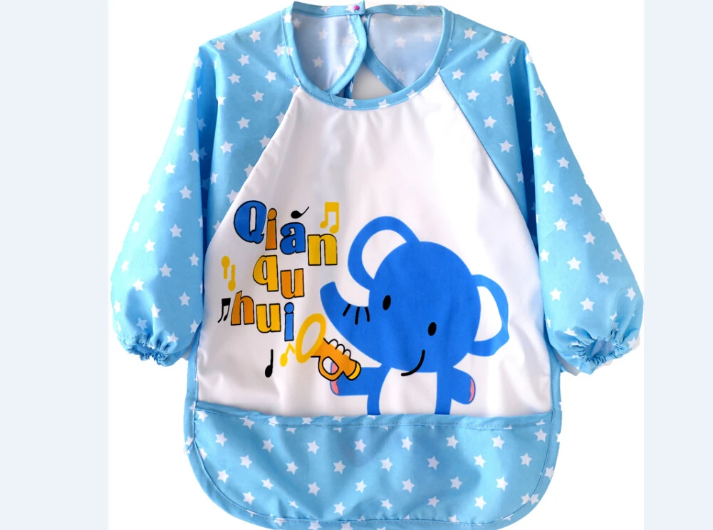 Blue Baby Elephant Нагрудники для маленьких мальчиков, водонепроницаемые нагрудники с длинными рукавами с Микки и Минни, нагрудники для девочек, детские нагрудники с карманами, фартук, От 0 до 3 лет - Цвет: Blue Baby Elephant