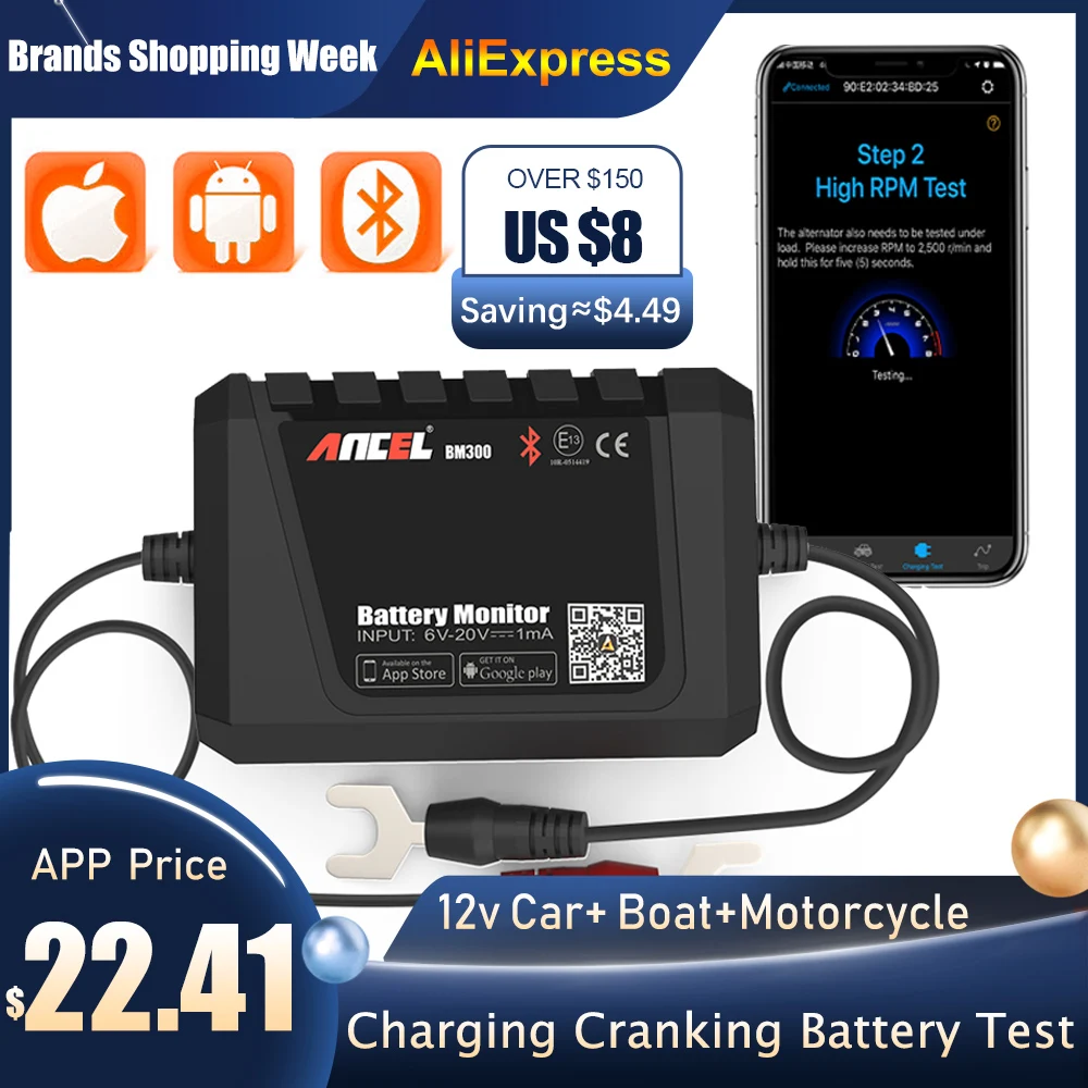 ANCEL BM300 12V Battery Tester For Android IOS Via Bluetooth Electric