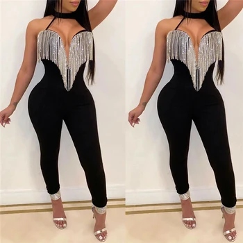

Jumpsuit Women Off Shoulder Bodycon Clubwear Playsuit Jumpsuits Rompers Skinny Sexy Jumpsuits Female Black Tassels Trousers