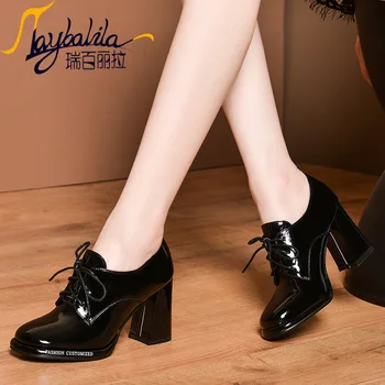 

2019 thick heel round head deep mouth single shoes women's genuine leather large size boots lace high heels