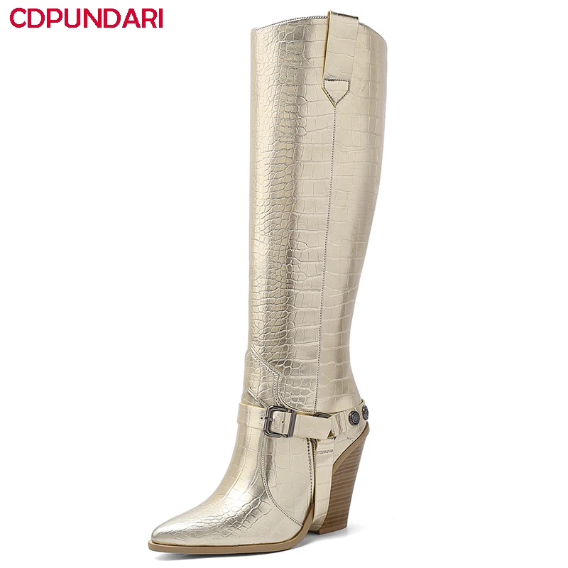 

Sexy Pointed Toe Western Cowboy Boots For Women Autumn Winter High Heels Knee High Long Boots Shoes Big Size Botas Cowboy Mujer