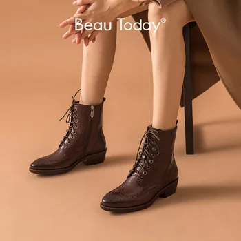 

BeauToday Brogues Ankle Boots Women Genuine Cow Leather Waxing Pointed Toe Side Zip Lady Fashion Retro Boots Handmade 03819