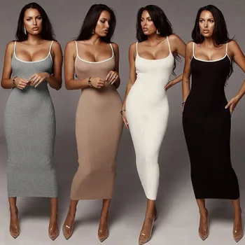 

2020 New Summer Women Dress Elegant Sling Long Section Short-Sleeved Slim Simple Package Hip Pure Bandage Dresses