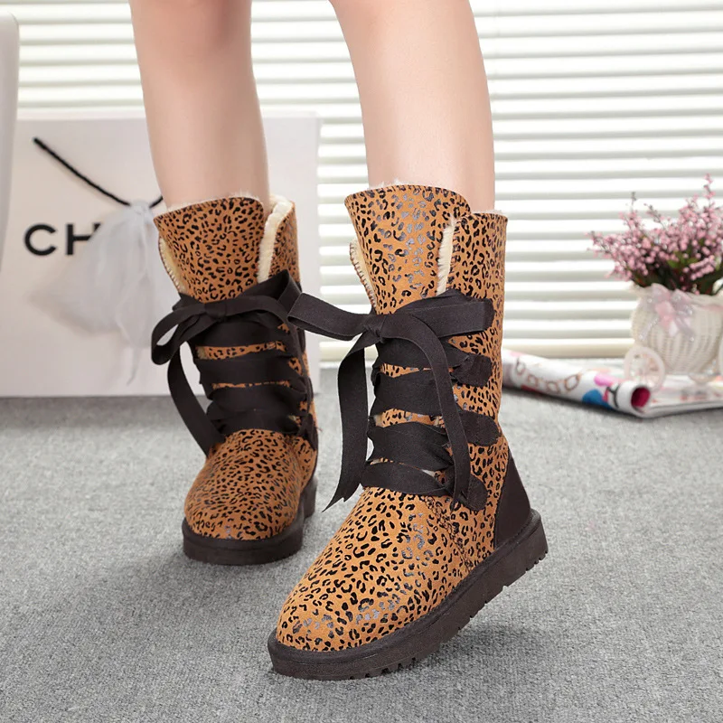 

5818 Boots Lace up Front Butterfly Bowknot Thigh Boot Rubber Sole Cowhide Warm Large Size Winter Boots