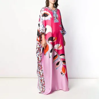 

Boho Floral Dress 2020 Floor Length Silk Dress Women Knit Elastic Bohemian Elegant Leaves Over Size Loose Women Print Long Dress