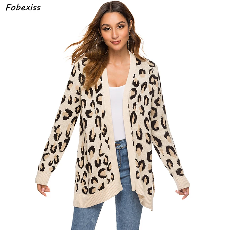 

Knitted Cardigan Sweater Autumn Winter Woman Leopard Printing Sweater 2019 Casual Open Stitch Sweater Coat Woman Loose Cardigan