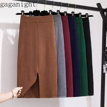 Gaganight облегающая тонкая плиссированная юбка миди для женщин Осень Зима вязаная Эластичная Высокая талия теплые разрезные юбки офисные Женские однотонные