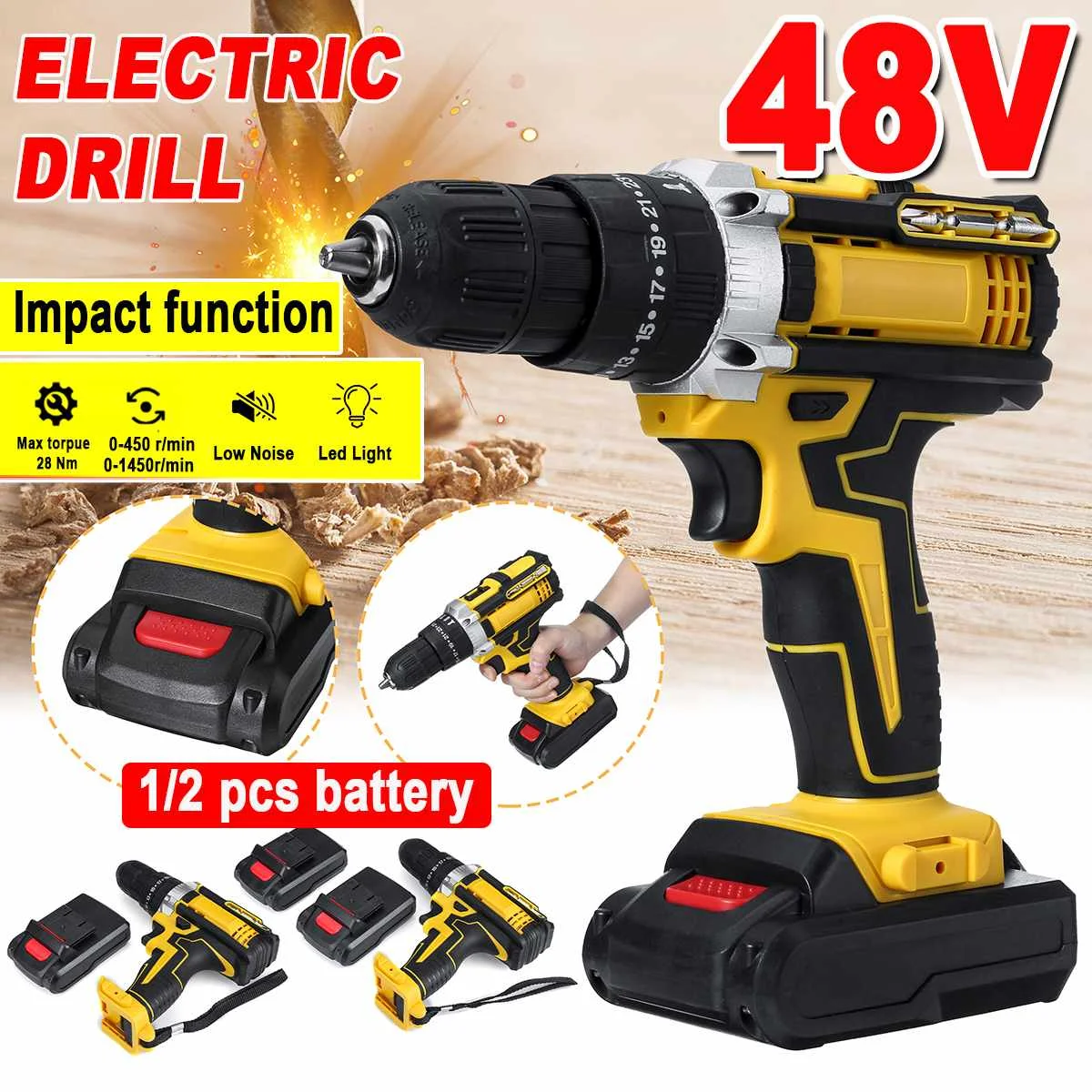 3 In 1 Cordless Impact Electric Drill Screwdriver 48V 18 Gear Torque 2