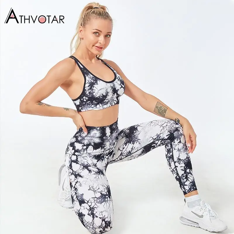 

ATHVOTAR Sportswear Tie Dye Printed High Waist Tops and Pants Tracksuits Sweat Suits Fitness 2 Piece Jogger Sets Women