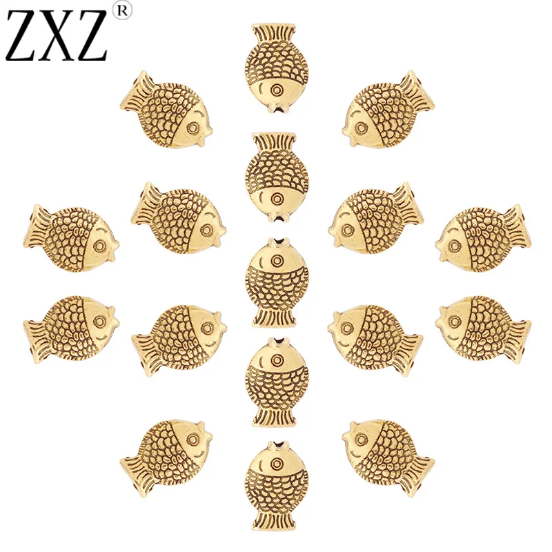 

ZXZ 50pcs Antique Gold Tone Fish Spacer Beads Charms for DIY Jewelry Making Findings 12x8mm