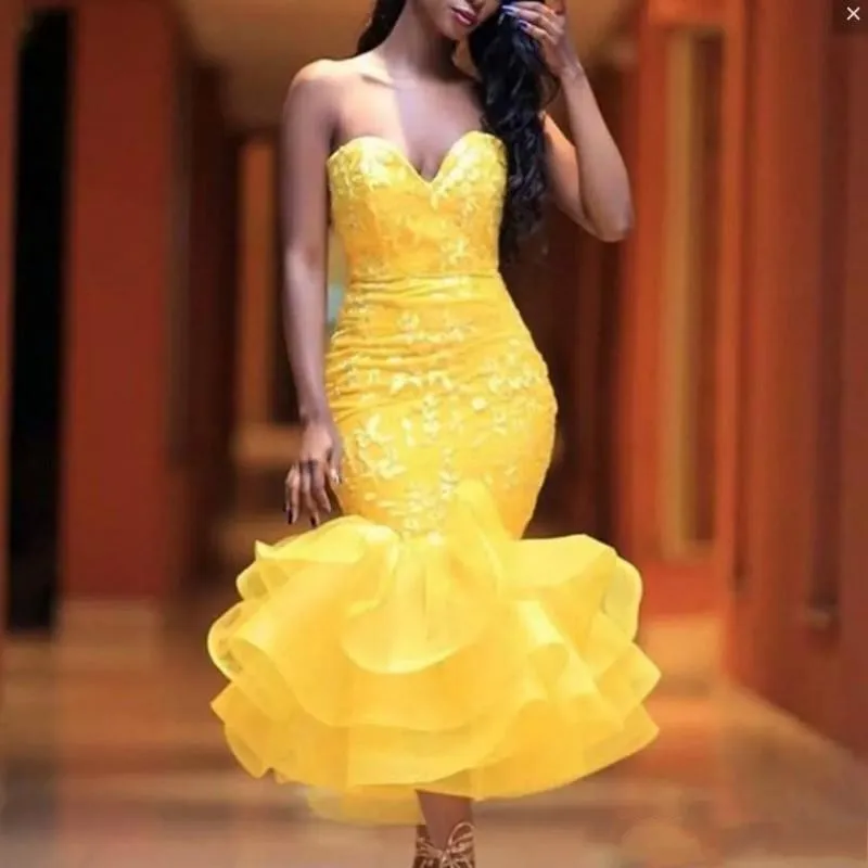 

Chic Yellow Cocktail Party Dresses Sweetheart Lace African Short Prom Evening Gowns Tiered Ruffles Sexy Special Occasion Dress