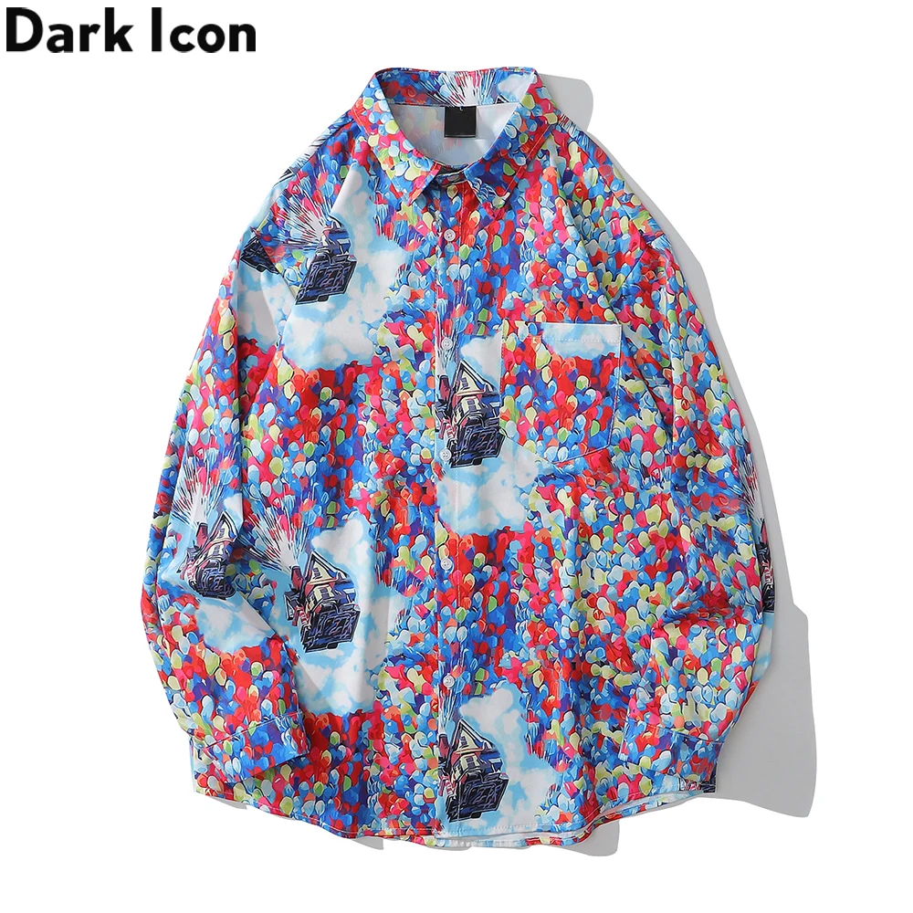 

Dark Icon Full Printed Shirts Men Turn-down Collar Men's Shirt Long Sleeve Male Top