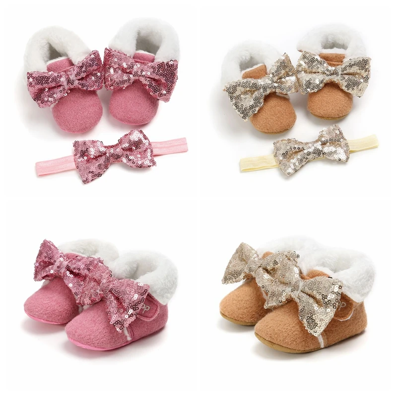 

Baby Girls Shoes Winter Fur Baby Shoes With Hairband Warm First Walkers for Newborn Soft Sole Infant Cotton Shoes