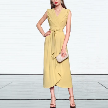 

Seifermann Summer Fashion Designer Elegant Office Dress Women Solid Sleeveless Belted Ruffle Daily Work Wear Ladies Midi Dress
