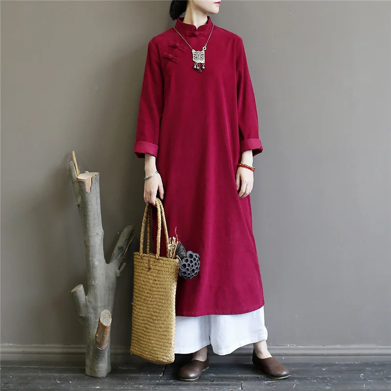 Johnature, женское вельветовое винтажное платье со стоячим длинным рукавом, сплошной цвет, осень, однотонное женское платье в китайском стиле