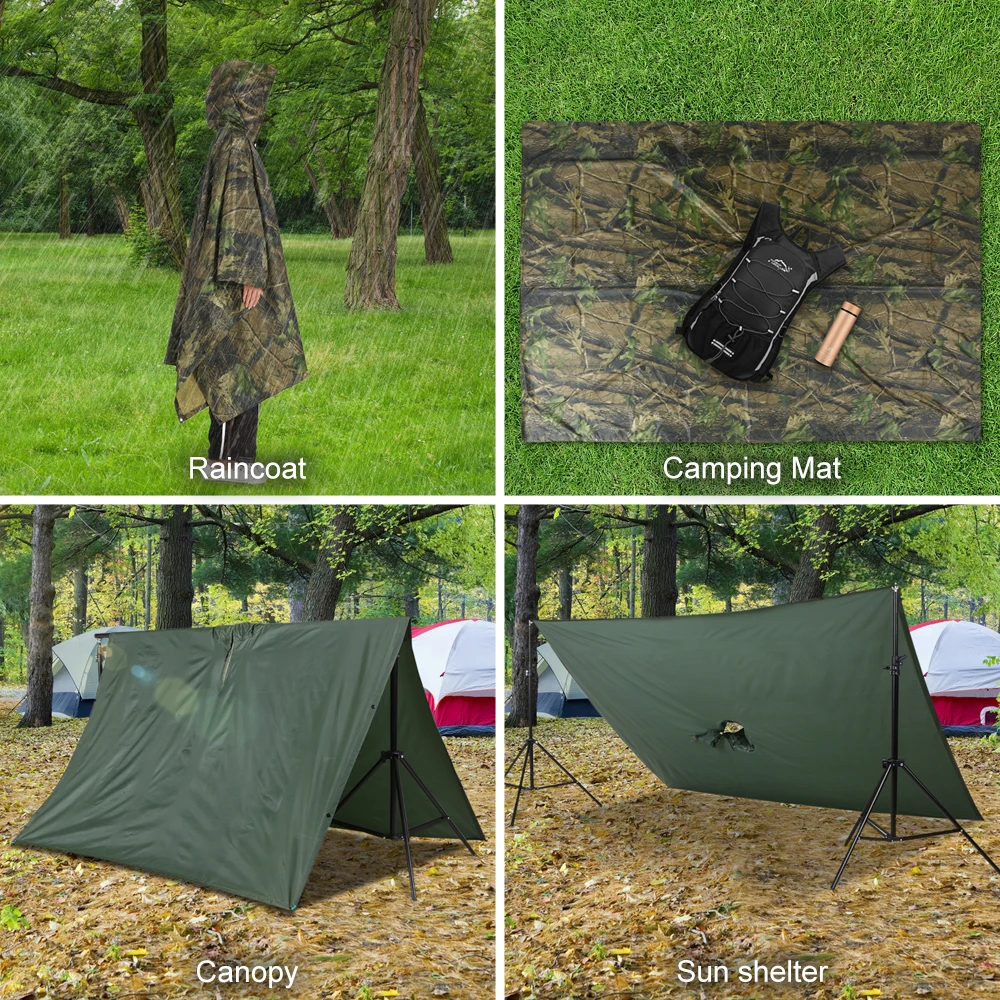 3-in-1 Waterproof Hooded Raincoat Hiking Cycling Rain Poncho Cape Coat Sun Shelter Outdoor Camping Tent Ground Sheet Mat