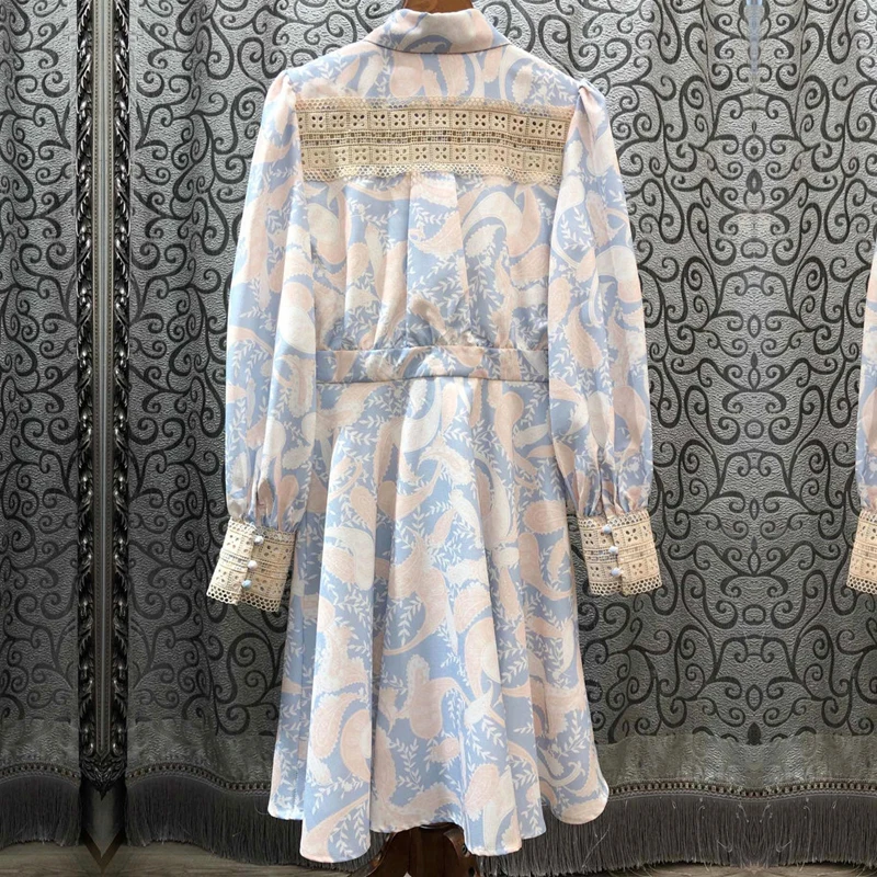 Spring New Fashion Lace Floral Print Woman Mini Dress Long Sleeve Hollow Out Slim Waist Shirt Dress Elegant Vestidos