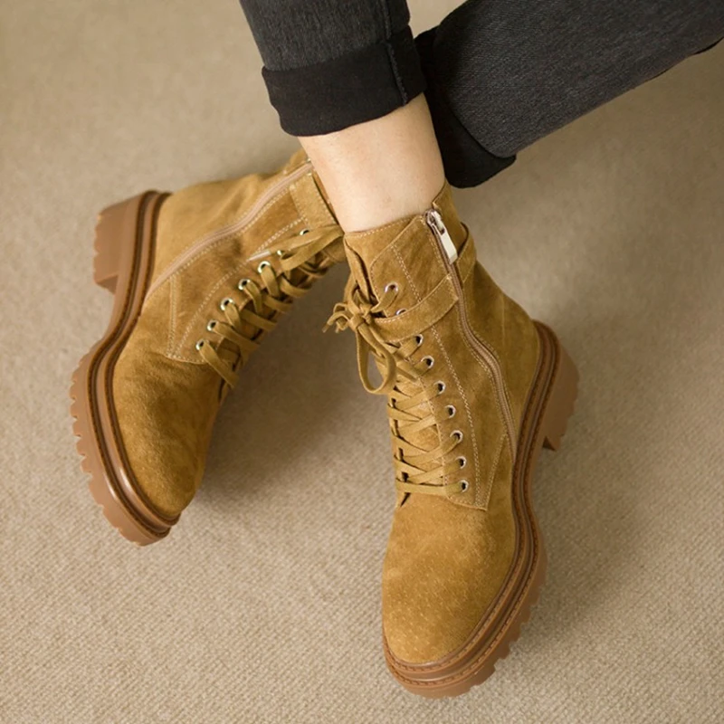 

2020 winter Martin boots round toe square heel full leather short boots cross strap buckle women shoes winter snow boots women