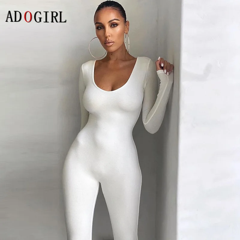 

Adogirl Sexy Bodycon White Jumpsuit Women Long Sleeve Fitness Solid Overalls Elastic Hight Casual Fitness Sporty Rompers Outfit