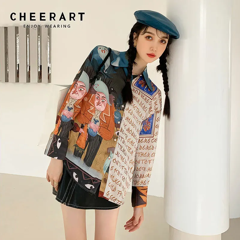 Женская шифоновая блузка CHEERART дизайнерская Лоскутная рубашка с длинным рукавом