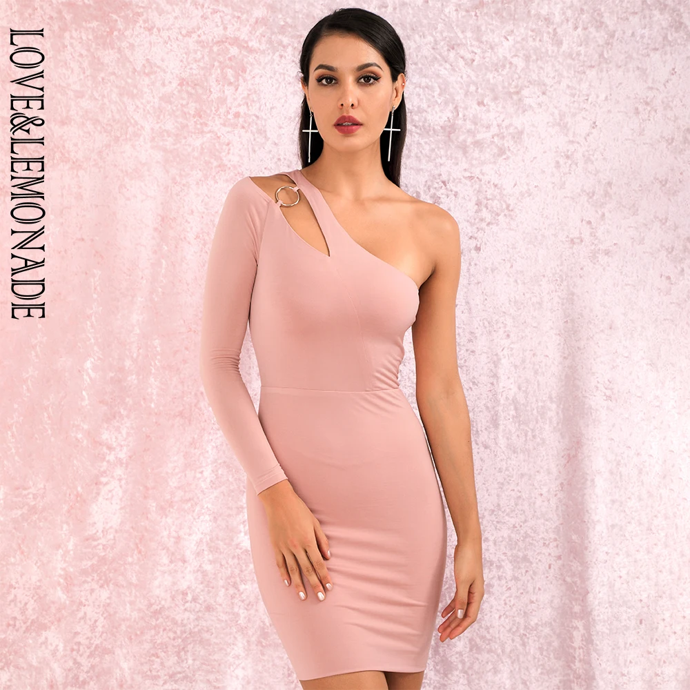 

LOVE&LEMONADE Sexy Pink Cut Out Metal Circle Off Shoulder Long Sleeve Bodycon Party Mini Dress LM82138