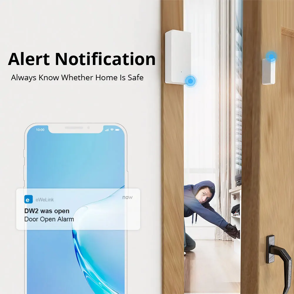Smart Door Sensor SONOFF DW2 Wifi Wireless Door Window Sensor Open / Closed Detectors e-WeLink APP Alert Notification Smart Home Security Alarm