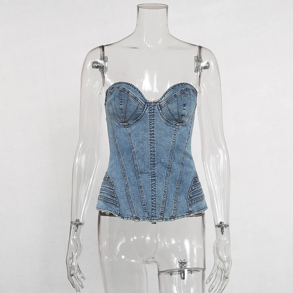 Vintage Denim Tanks Tops Women Washed Jean Fabric Sexy Tight Short Camis Off Shoulder Cropped Strapless Bandeau Tube Tops