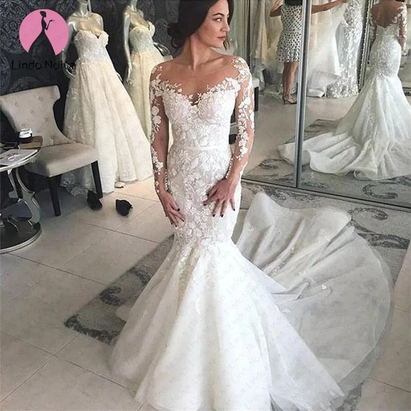Винтажное свадебное платье русалки с длинным рукавом и круглым вырезом Vestido De Noiva на заказ кружевные свадебные платья с открытой спиной Robe De Mariee