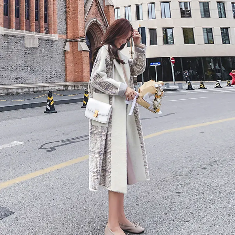 Women 2020 Autumn Winter Plaid Faux Mink Fur Coat