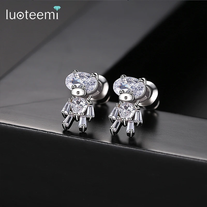 LUOTEEMI Children Cute Fashion Stud Earring Lovely Small Bear Jewelry for Girls Clear CZ Brincos Bijoux Femme Chic Accessories | Украшения