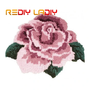 

Latch Hook Rug Kit Crocheting Carpet Rug Pink Flowers Acrylic Yarn Pre-Printed Canvas Cushion Crochet Tapestry Art Home Decor