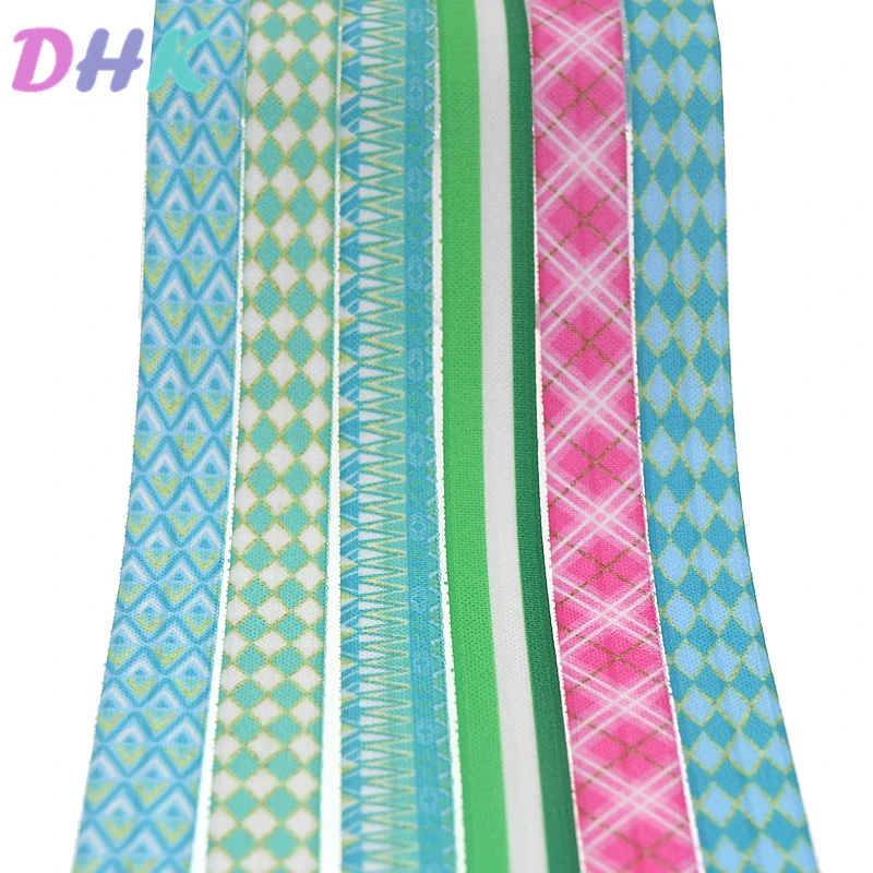 

DHK 5/8'' 5yards plaid stripe pattern printed Fold Elastic FOE stretch ribbon hairbow headwear headband DIY OEM C1723