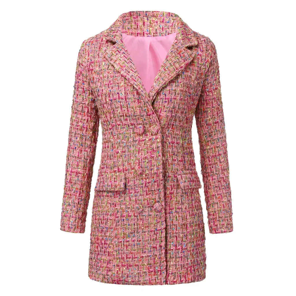 Длинное зимнее пальто, женское двубортное пальто с длинным рукавом, Женская клетчатая куртка с отворотом, Женская куртка Veste Femmec# G30 - Цвет: Pink