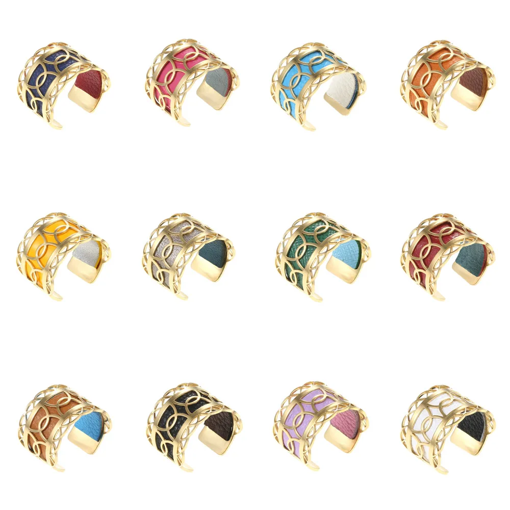 

Cremo Bagues Pour Femme Stainless Steel Ring Bijoux Colorful Leather Adjustable Ring Gold Reversible Leather Rings