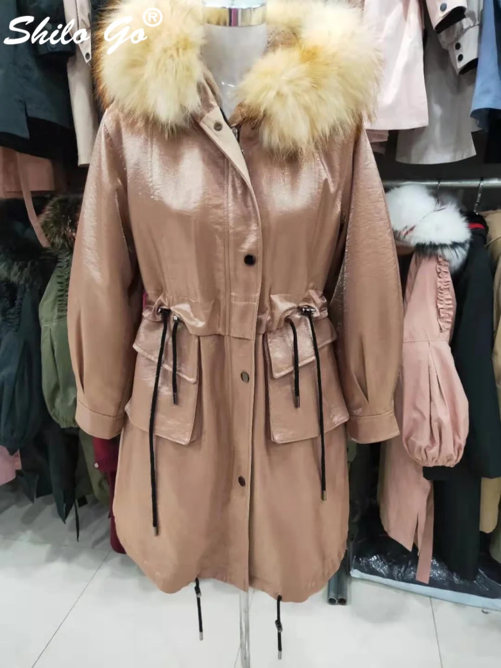 Fur Coat Highstreet Real Raccoon Fur Collar Hooded Drawstring Waist Rabbit Fur Lining Long Coat Women Winter Casual Plus Outwear