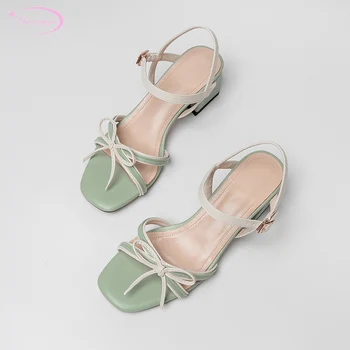 

Sweet party style summer sandals fashion matching color belt buckle bowknot pink green medium heel chunky heels shoes woman