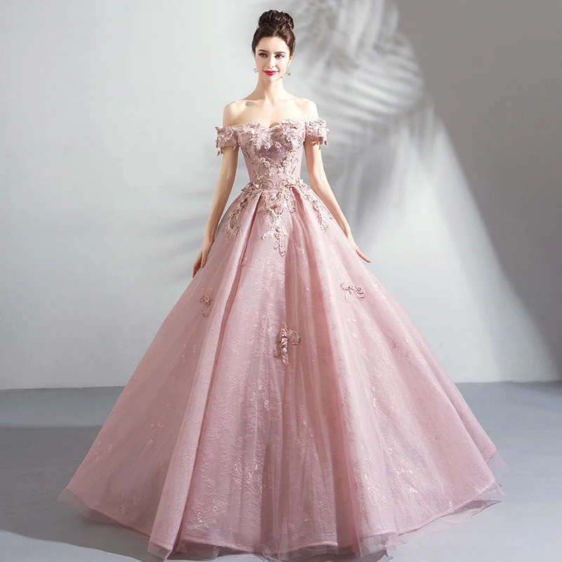 Превосходное качество формальное платье женское элегантное бальное платье Цветы для аппликации лодочка шеи розовое вечернее платье Vestido Longo Festa
