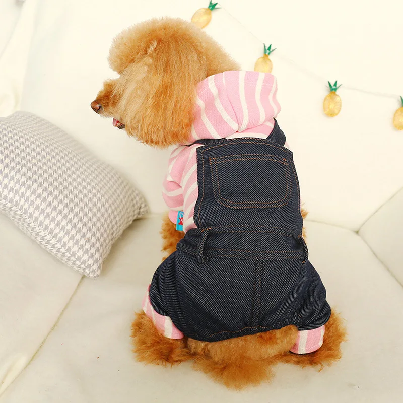 

Autumn Winter Pet Dog Jeans Hooded Denim Clothing Jumpsuit Overalls Dog Clothes Thickening Four Legs Pet Stripe Jacket Coat