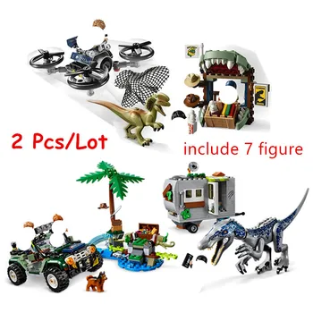 

2 pcs/Lot Jurassic World Park Dilophosaurus + Baryonyx Treasure Hunt Building Blocks Kit Bricks Classic Movie Model Kids Toys