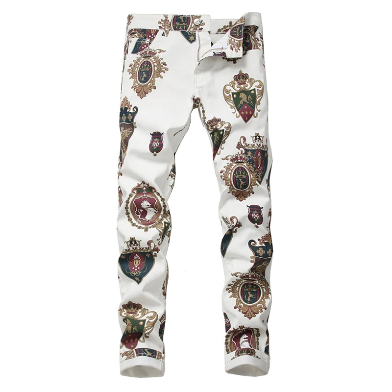 Men's badge 3D printed white jeans Fashion colored drawing slim fit stretch pants Long trousers Men's badge 3D printed white jeans Fashion colored drawing slim fit stretch pants Long trousers