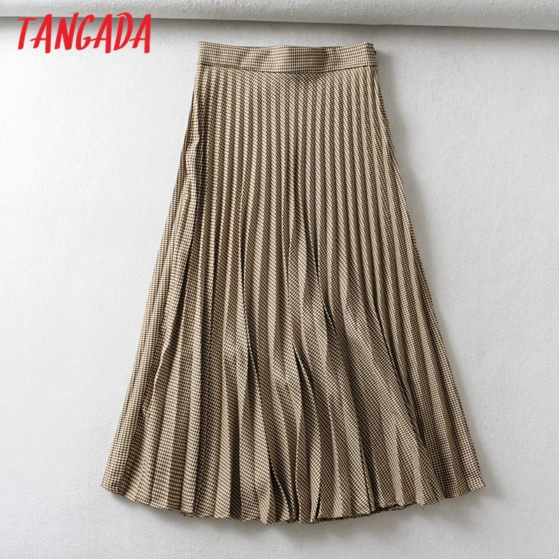 

Tangada women plaid pleated midi skirt faldas mujer vintage side zipper office ladies elegant chic mid calf skirts 6A01