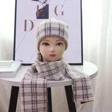 Spot Plaid Scarf   Winter New Women's Fresh Long Thickened Scarf Artificial Cashmere Scarf Hat Set