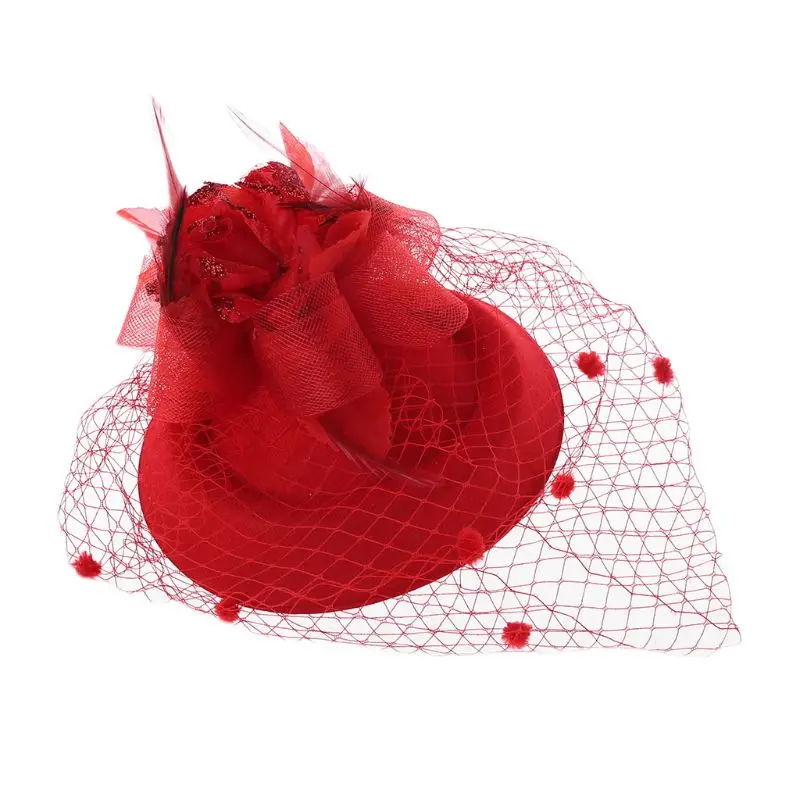 Красный Coslony, Коктейльные, вечерние, Seashell, вуалетки, Pillbox Hat, женские блестящие, порошок, роза, цветок, карамельный цвет, сетка, вуаль, заколка для волос - Цвет: Красный
