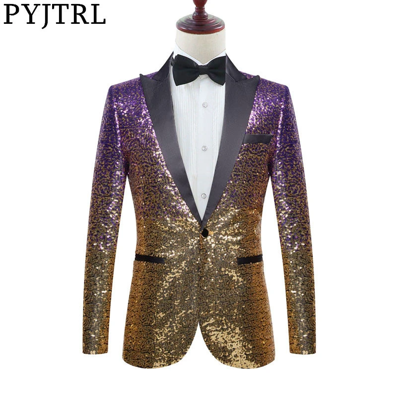PYJTRL Men Stylish Gradual Change Gold Purple Blue Pink Green Sequins Suit Jacket Party Wedding Banquet Nightclub Singers Blazer | Мужская